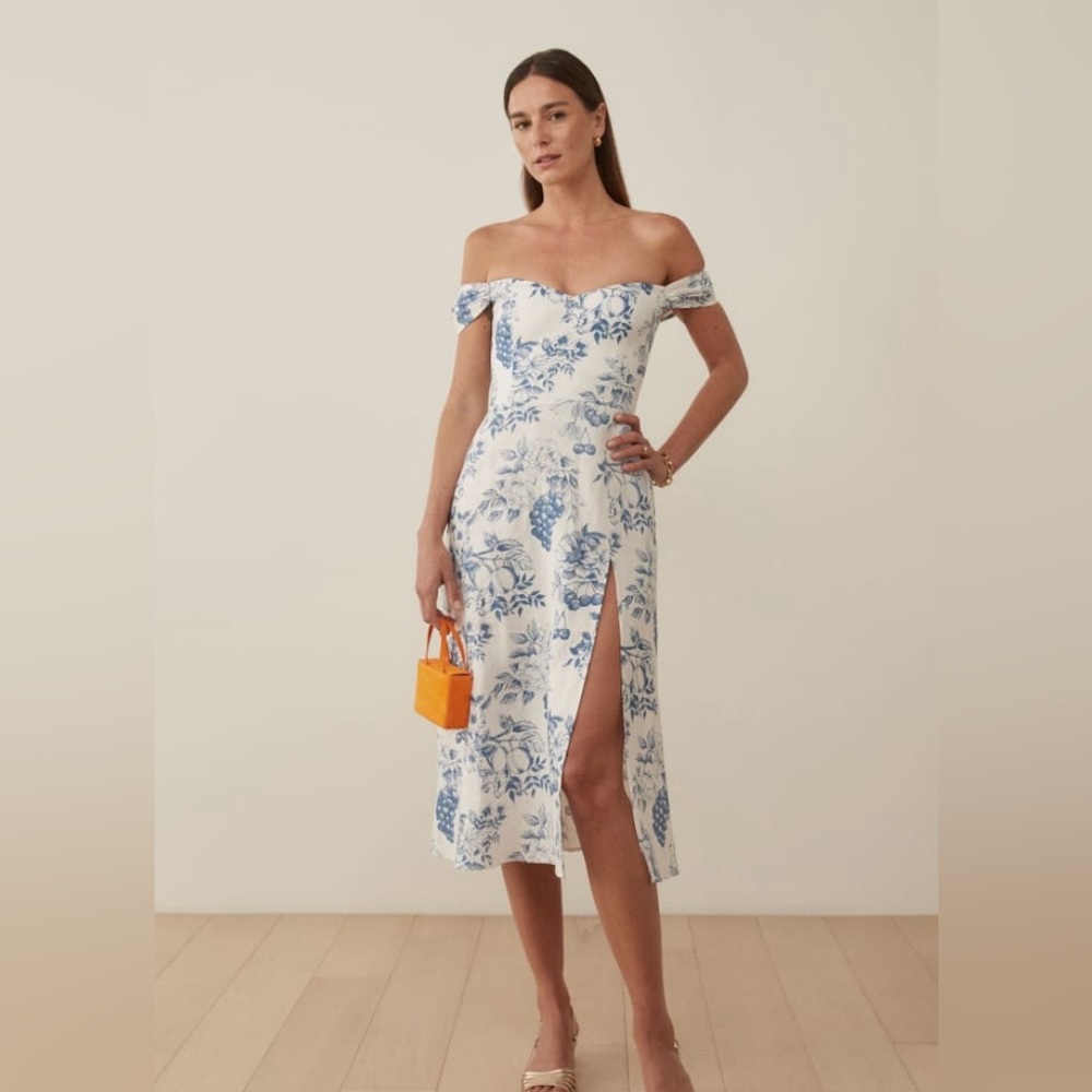 Reformation Bridgton Linen Dress Blue Floral Size 2